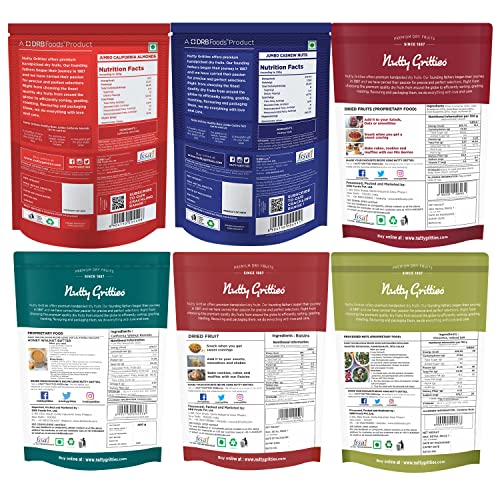 Image of Nutty Gritties Mixed Dry Fruits and Berries Combo, 1.2Kg | California Almonds, Cashews Nuts, Long Green Raisins, California Walnuts Kernels, Roasted Salted Pistachios Pista, Mix Berries (200g Each)