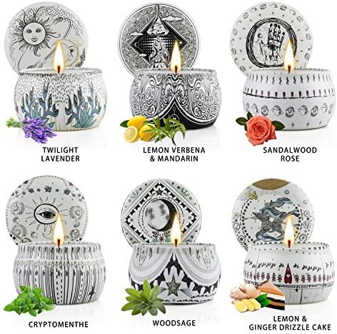 Scented Candles Set Gift for Her 6 Pack 4.4 Oz Natural Soy Wax Candles in Tarot Tin with Essential Oil for Home Fragrance Aromatherapy Gifts for Women Mum Friends Birthday Valentines Day Presents