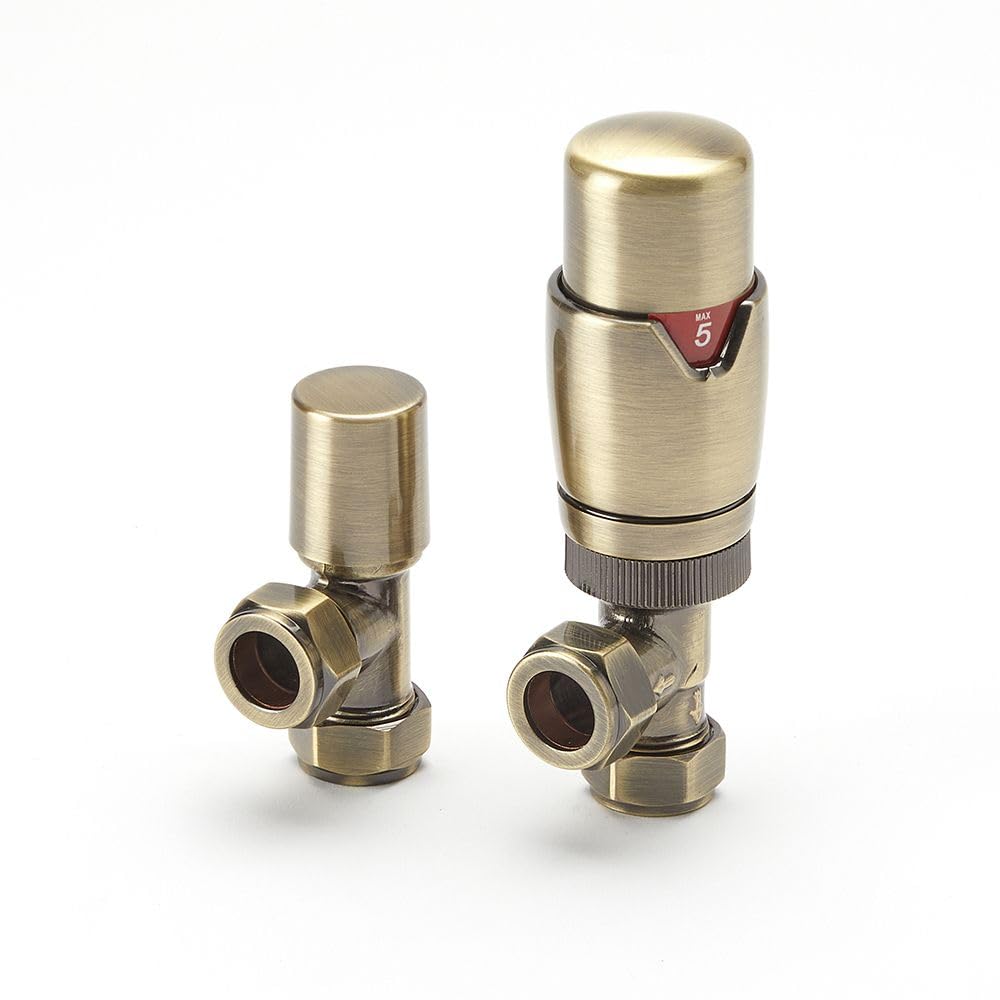 Milano Gold Brushed Thermostatic Angled Heated Towel Rail Radiator Valve Trv And Lockshield
