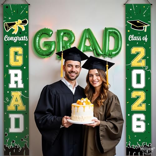 Image of Graduation Decorations 2026 | Graduation Door Banner 2026-72x12 Inch | Congrats Grad Banner 2026 for Green And Gold | Door Decorations Hanging | Graduation Banner Class Of 2026 | Katchon