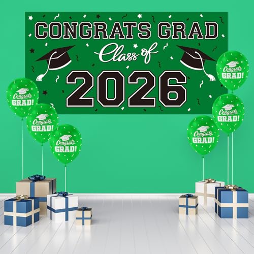 Image of 2026 Graduation Party Plastic Backdrop - 65 inch x 32.7 inch Congrats Grad Banner in Green, Large Class of 2026 Decorations, Photography & Grad Party Supplies