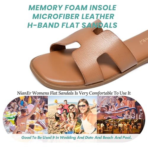 Image of NianEr Womens Microfiber Leather Memory Foam H Sandals Summer Shoes Slides | Flat, Comfortable, Slip On, Dressy, Dress, Beach, Vacation, Designer, Comfy, Casual, Bridal, Church, Boho, Office, Work