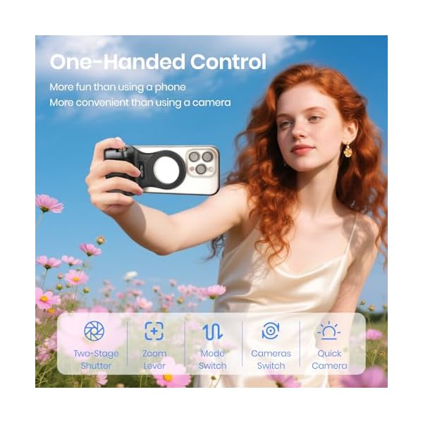 Magnetic Phone Camera Grip, Smartphone Shooting Holder Selfie Handle Snap with Wireless Shutter Button Remote for iPhone 16 15 14 13 12 Pro Max Android Cellphone Vlog Video Photography (Black) - Image 3