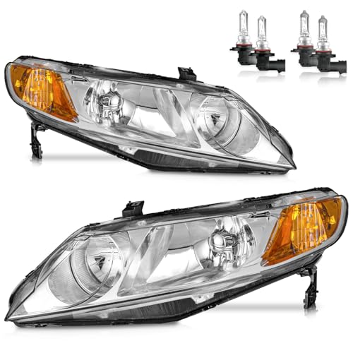 ROADEAL Headlights W/Bulbs for 2006-2011 Honda Civic 4-Door Halogen Headlamp Replacement Driver & Passenger Side