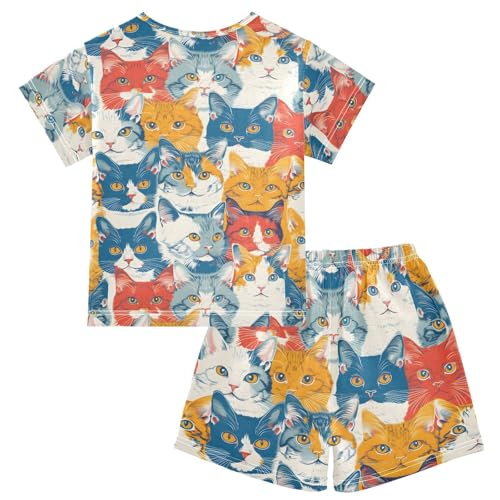 ALAZA Funny Cat Kitten Animal Pajamas Short Sleeve 2 Piece Sleepwear Top and Bottom Pajama Set Unisex2