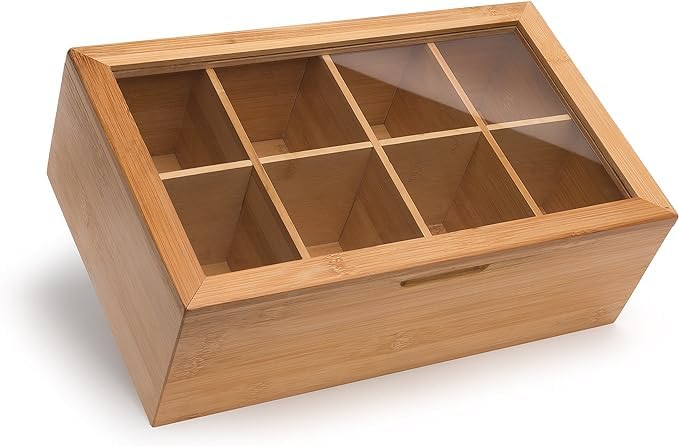 100% Bamboo Tea Box Storage Organizer, Taller Size Holds 120+ Standing or Flat Tea Bags, 8 Adjustable Chest Compartments, Natural Wooden Finish