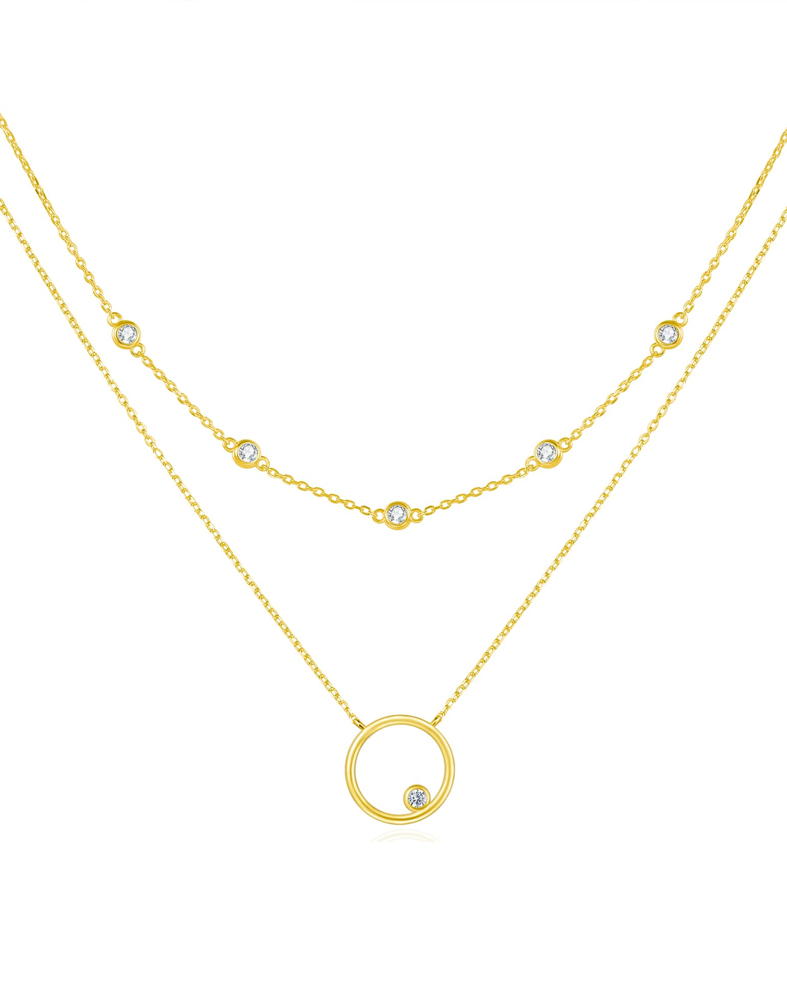 FANCIME Layered Kette Damen mit Sonne Anhänger, 14K Weißgold