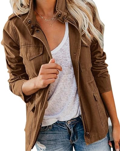 Womens Multi Pockets Military Jacket,Slim Fit Solid Color Zipper Multi