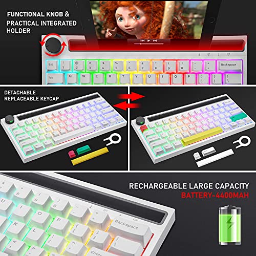 Bluetooth Mechanical Gaming Keyboard With 19 Rgb Backlight Mini 61 Key Multimedia Knob Rechargeable 4400Mah Battery Type C Wired/Wireless For Pc Mac Mobile Phone Gamer Typist (White/Blue Switch) #TOP6