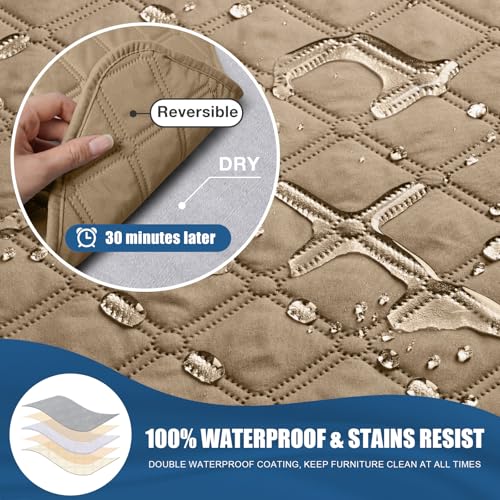 Image of TAOCOCO 100% Waterproof Recliner Covers with Leg Straps, Reversible Recliner Couch Cover for Reclining Chair, Washable Couch Protector for Pets Kids (1 Seater 22 inch, Camel)