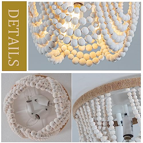 Boho Wood Beaded Semi Flush Mount Ceiling Light Fixture,3-Light Oak White Finish Rustic Mini Chandelier For Kitchen, Farmhouse Light For Hallway Baby's Nursery Bedroom Living Room Hallway #TOP2