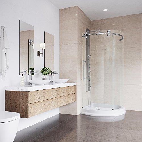 Vigo Vg6031Stcl36Wl 40.5" -40.5" W -79.5" H Frameless Sliding Round Shower Enclosure With Clear 0.31" Tempered Glass And Stainless Steel Hardware In Stainless Steel Finish With Left Handle And Base #TOP1