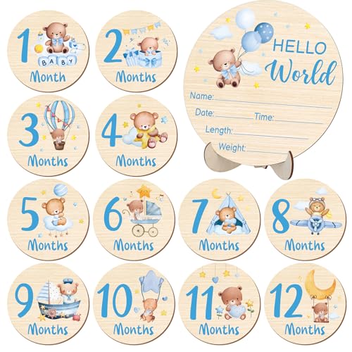 Image of Wooden Baby Monthly Milestone Cards Double Sided Baby Birth Sign Bear