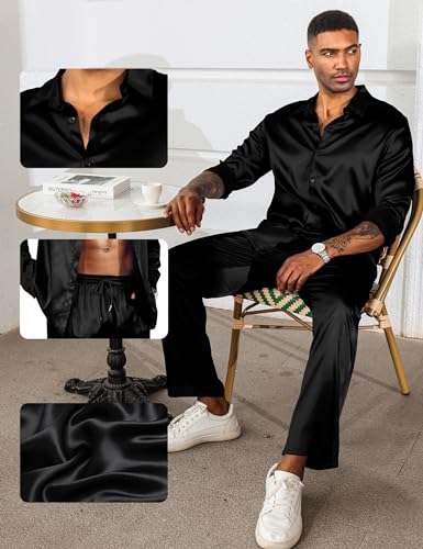 LecGee Men's Satin 2 Piece Outfits Lapel Long Sleeve Button Down Tops Jogger Pants Sets With Pocket Prom Club Party3