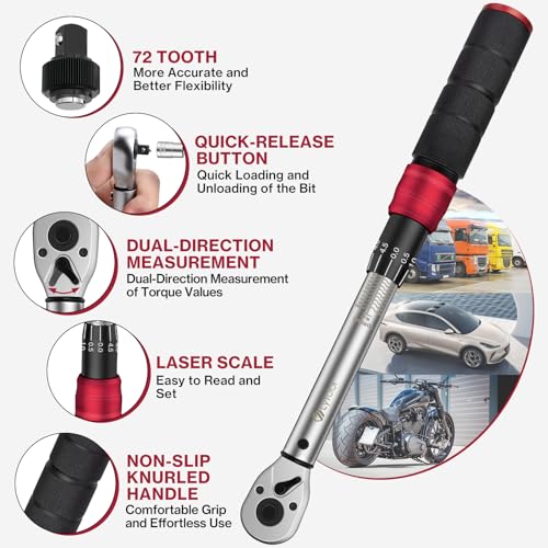 Lytool 3/8'' Torque Wrench 10-100 Nm Drive Click Torque Wrench Set Dual-Direction Adjustable 72-Tooth for Bike Motorcycle Car Maintenance, with Deep Sockets Torx Bits Adapter - Image 2