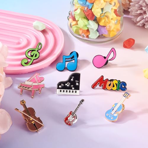 Image of 9Pcs Music Theme Enamel Pins, Musical Instrument Alloy Brooches, Colorful Guitar Piano Violin Word Musical Note Brooch Badges for Music Lovers Backpack Bags Hats Clothes Decor Supplies