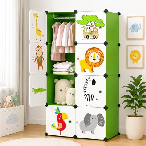 Image of 8 Door Kids Cartoon Wardrobe Storage Cabinet - DIY Modular Clothes Organizer with Hanging Cartoon Design Wardrobe with Multi for Bedroom, Living Room,Entryway