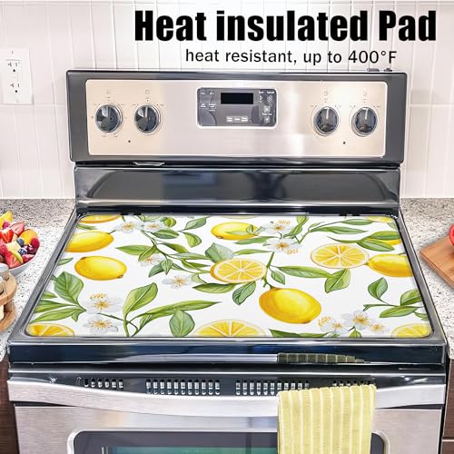 Image of Lemon Fruit Stove Top Covers for Electric Stove,White Flower Glass Top Stove Cover, Heat Resistant Range Covers for Electric Stove,Washable Countertop Mat, 28 x 20 Inch