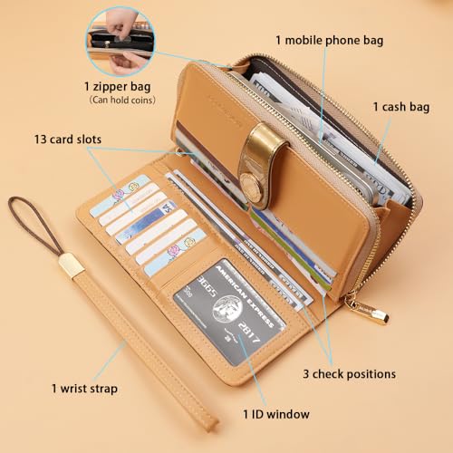 Ladies' fashionable leather wallet, large capacity with multiple card slots, zipper and snap closure, RFID shielded credit card holder for protection, long wallet with wrist strap (Golden)2
