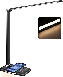 Lâmpada de mesa LED com luz noturna, carregador rápido sem fio, porta de carregamento USB, 10 brilho, 5 modos de cor, luminária de mesa de cabeceira regulável para quarto, controle de toque