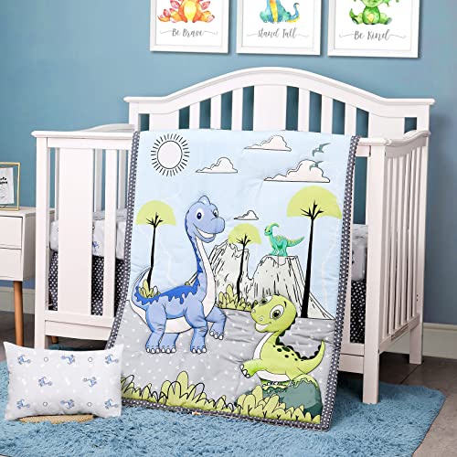 Image of JISEN 3 Piece Crib Bedding Set Crib Quilt Crib Sheet Pillowcase - Soft Microfiber Printed Nursery Set for Baby Boys or Girls Dinosaurs