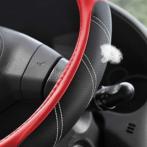 Image of Elantrip Leather Steering Wheel Cover 15 1 /2 to 16 inch Universal Large Grip Breathable for Car Truck SUV Jeep Anti Slip Black and Red