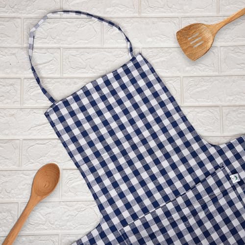 Image of Kuber Industries Kitchen Apron Set of 2 - Restaurant, Chef, Cooking Dress for Women and Men - Front Pocket, Mota Check Pattern, Blue