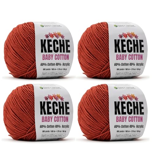 Image of Keche Baby Cotton, 60% Cotton 40% Acrylic Yarn, Soft Cotton Yarn for Crochet and Knitting, Amigurumi Yarn 4 Skeins /Balls [1.76 Oz (50g) / 180 Yrds (165m)] x 4 - Terracotta