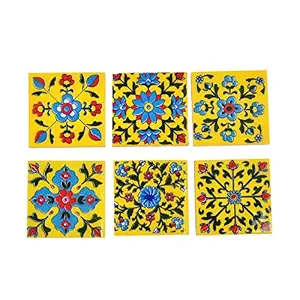 Artook Decor Blue Pottery Mustard Yellow Color Classic Home Decor Jaipur 2 x 2 inch Tiles (Pack of 6)