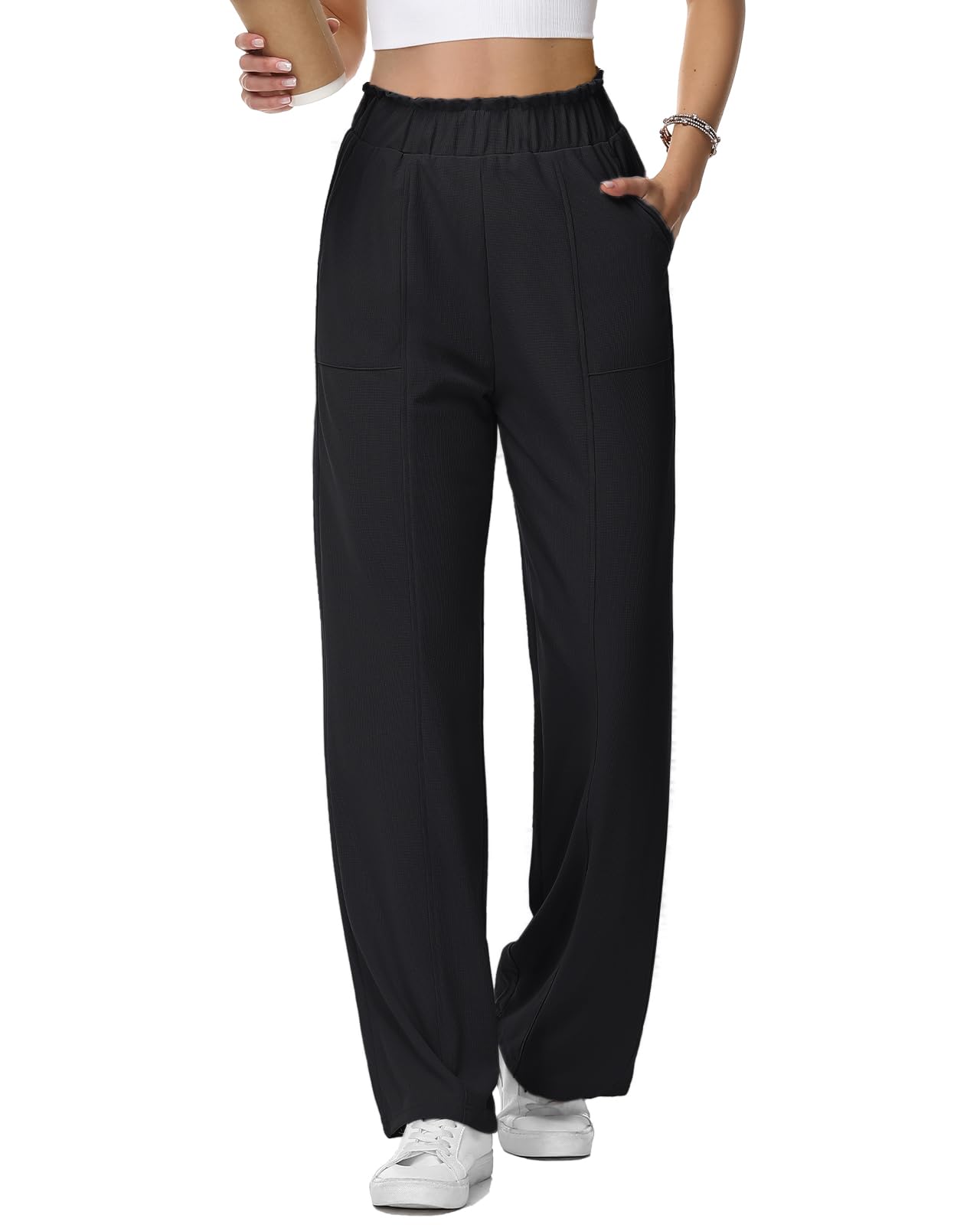 HMIYA Weite Hosen Damen-Waffel 2026 Neu Lässig Stoffhose Hohe Taille Leichte Palazzohose mit Tasche