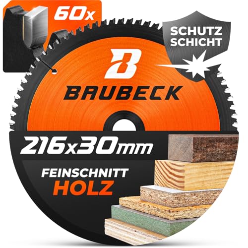 BAUBECK Sägeblatt 216x30 - Holz Feinschnitt - Kreissägeblatt 216x30 für Holz - Sägeblatt 216 kompatibel mit Metabo KGS 216, Bosch GCM 8 uvm.