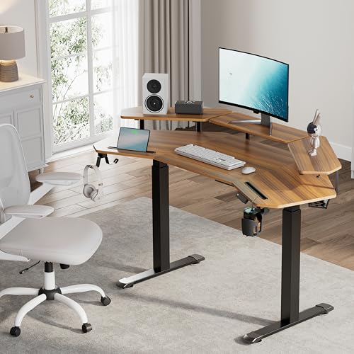 Image of EUREKA ERGONOMIC Standing Gaming Desk with Dual Motor,63 inch Wing Shaped Computer Desk w Mouse Pad, Electric Adjustable Height Table w LED Monitor Stands,Slot Design,Walnut