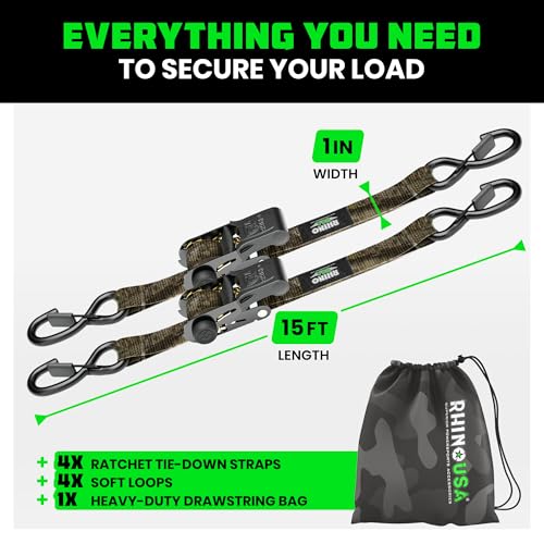 Image of Rhino USA x Realtree Ratchet Straps Tie Downs (4PK) - 1 inch x15' (1,823lb Break Strength) - Ultimate Tie Down Straps with Safety S Hooks - for Trucks, Cargo, Moving, Appliances- Realtree APX Camo