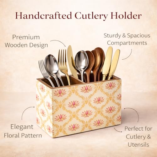 Image of Wooden Cutlery Stand with 2 Sections - Spoon Stand for Kitchen & Dining Table Organizer (10x16x12 cm) - White Flower Print | Multipurpose cutlery holder for dining table, Chammach Stand