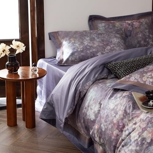 VM VOUGEMARKET Garden Flower Bedding Set King Smooth Long Staple Cotton Duvet Cover with Purple Floral Pattern Vintage Cottage Botanical Comforter Cover for Spring Summer