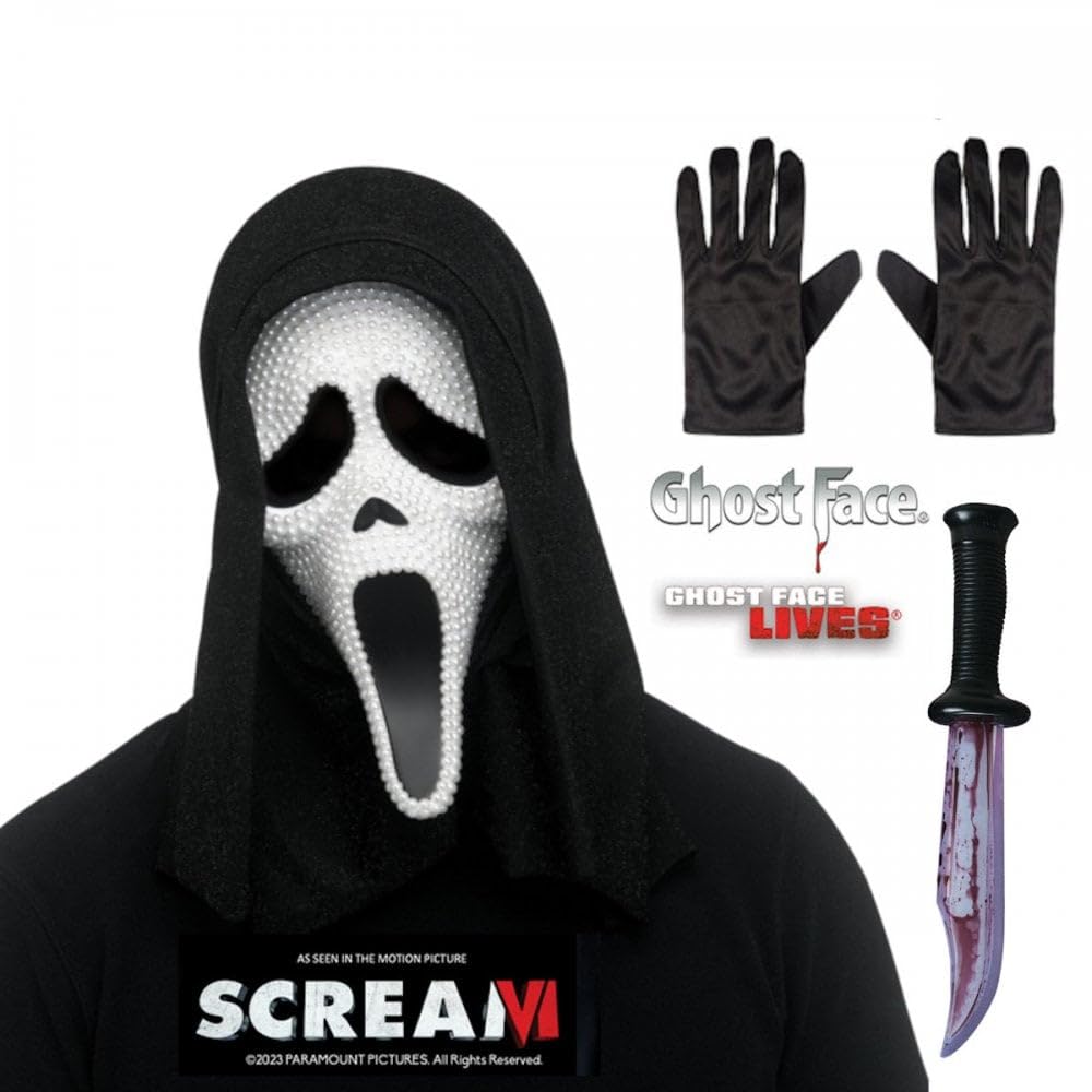 Adult Unisex Official Scream/Ghost Face Pearl Mask with Hood + Black Gloves + Bloody Blade ; Halloween Fancy Dress Accessory Set - Image 2