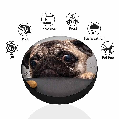 Image of Pug Dog Spare Tire Cover Cute Sad Puppy Looks at a Cookie Funny Pet Face Eyes Weatherproof Universal Wheel Protectors Camper Tire Covers for Trailer Rv Travel(17 inch)