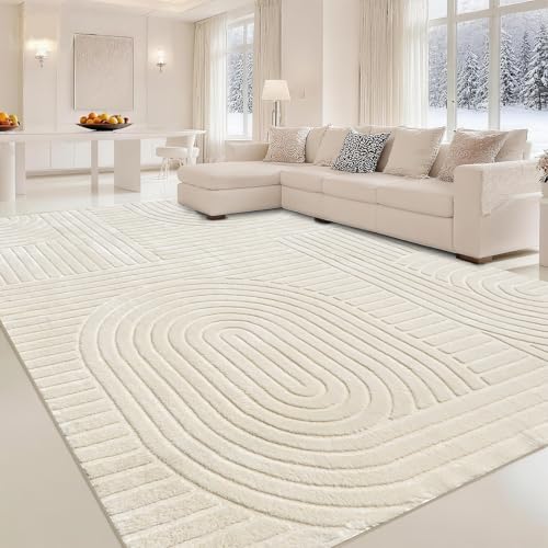 MATIIUI Beige Solid Area Rug 8x10 – Large Washable Soft Indoor Rugs for Living Room Bedroom, Modern Geometric Bohemian Pattern High-Low Pile Textured Carpet for House Apartment, Home Office Decor