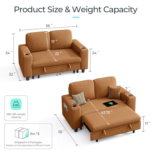 Image of LINSY HOME Loveseat Sofa with Pull Out Couch Chaise: 2-in-1 Convertible 2 Seater Sofa with USB Charging & Cup Holders, Comfy Plush Corduroy Love Seat for Small Spaces Living Room Apartment, Brown