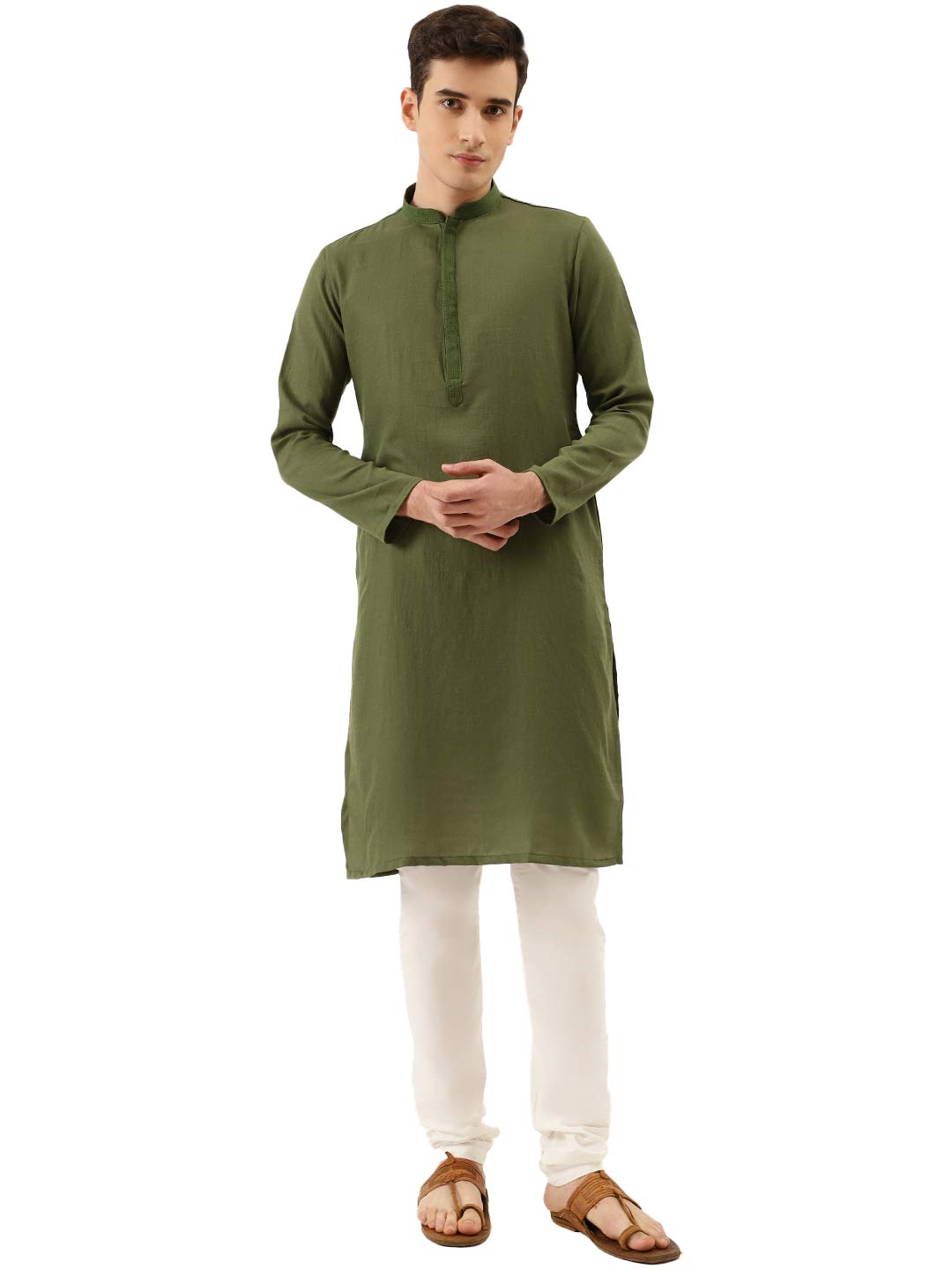 Men's Solid Plain Knee Long Full Sleeves Kurta and Churidar Set (2pcs)-image-8