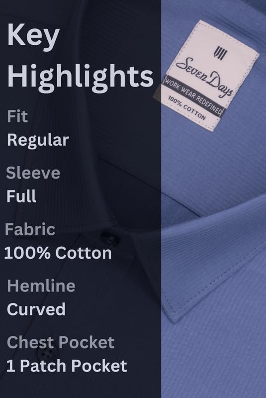 Image of 7-DAYS Men's Premium Formal Shirt - 100% Pure Cotton, Regular Fit, Plain, Full Sleeves, with Pocket - Perfect for Office Wear & Under Suits