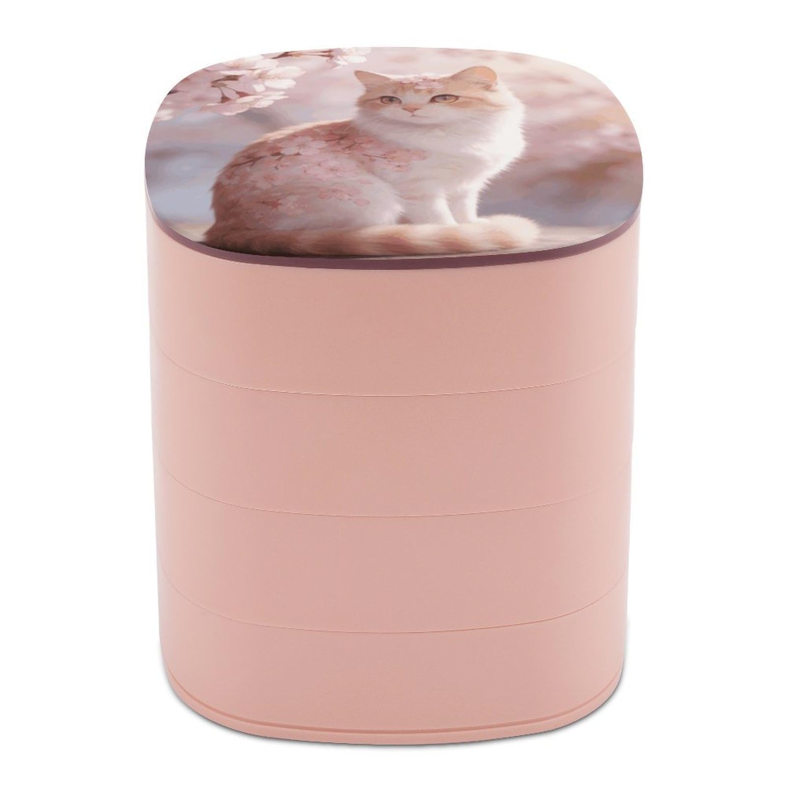 LZQPOEAS Pink Cherry Blossom Cat Jewelry Box Women Jewelry Organizer Travel Jewelry Case Cute Necklace Ring Storage Organizer 4-Layer Rotating Jewelry Tray Case with Mirror for Bracelets