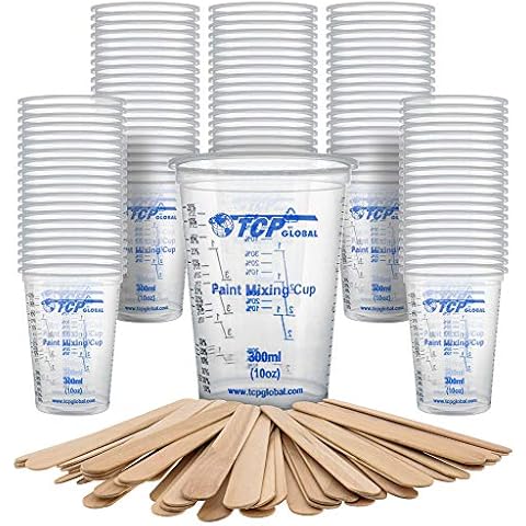 TCP Global 10 Ounce (300ml) Disposable Flexible Clear Graduated Plastic Mixing Cups - Box of 100 Cups & 50 Mixing Sticks - Use for Paint, Resin, Epoxy, Art, Kitchen - Measuring Ratios 2-1, 3-1, 4-1 ML Cover