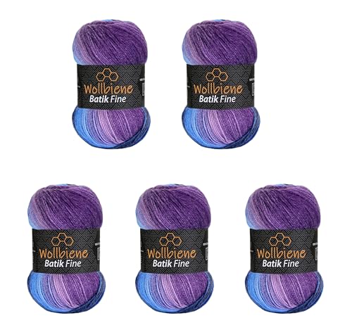 Wollbiene Batik Fine 5 ovillos de 100 g, 500 gramos, lana con degradado multicolor, multicolor (5900 lila, morado y azul)