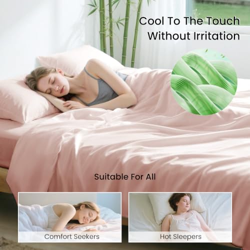 Image of Love's cabin 4 Piece California King Size Sheet Set, 100% Rayon Derived from Bamboo, Cooling & Breathable, Soft Silky Deep Pocket up to 16 inch, Hotel Luxury Bedding for Hot Sleepers, Pink