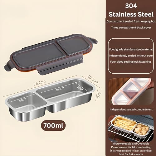 Image of Motka Premium 700 ml 2-Compartment Bento Lunch Box | Stainless Steel Slim Compact Tiffin | Leak-Proof Food Container| BPA & Odour-Free| Ideal for Office, Travel & School (Natural-Black Lid)