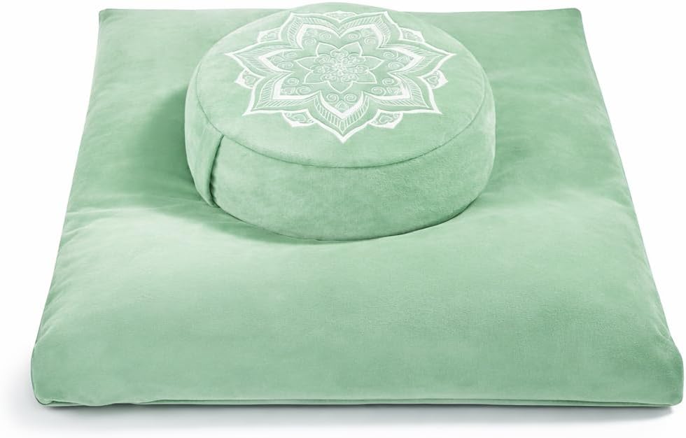 Meditation Zafu Cushion Set with Buckwheat Hulls & Memory Foam - Ergonomic Support for Yoga & Sitting - Removable Machine-Washable Luxury Velvet Cover - for Adults and Kids (Sage Green)