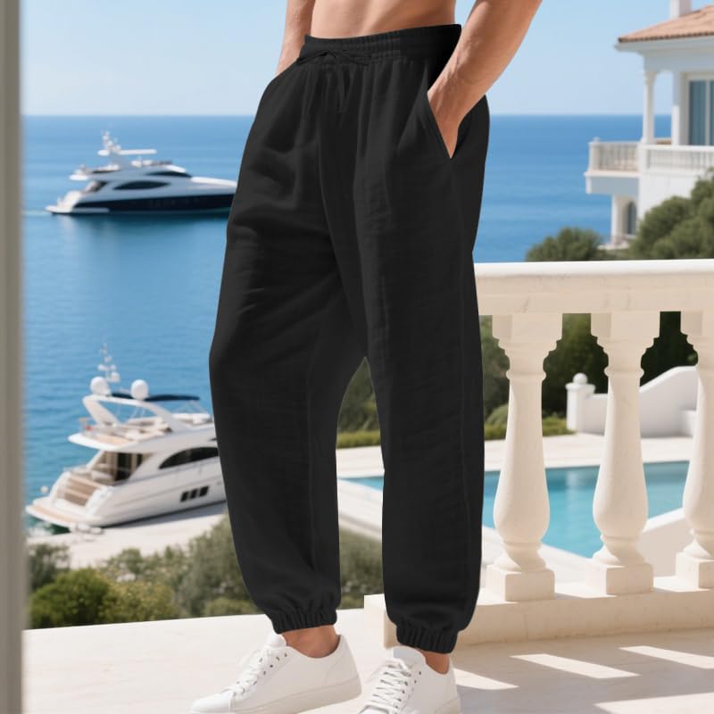 Men's Linen Joggers Summer Beach Lightweight Drawstring Yoga Pants with Pockets & Elastic Cuffs3