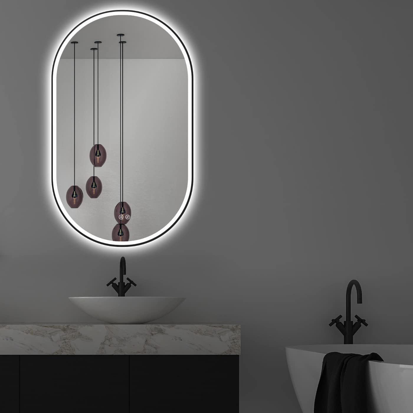 ApeJoy Espejo de baño ovalado 45 x 75 cm espejo de pared antivaho marco de metal negro mate iluminación espejo de baño interruptor táctil espejo de luz regulable blanco cálido/blanco frío/neutro AJ59S