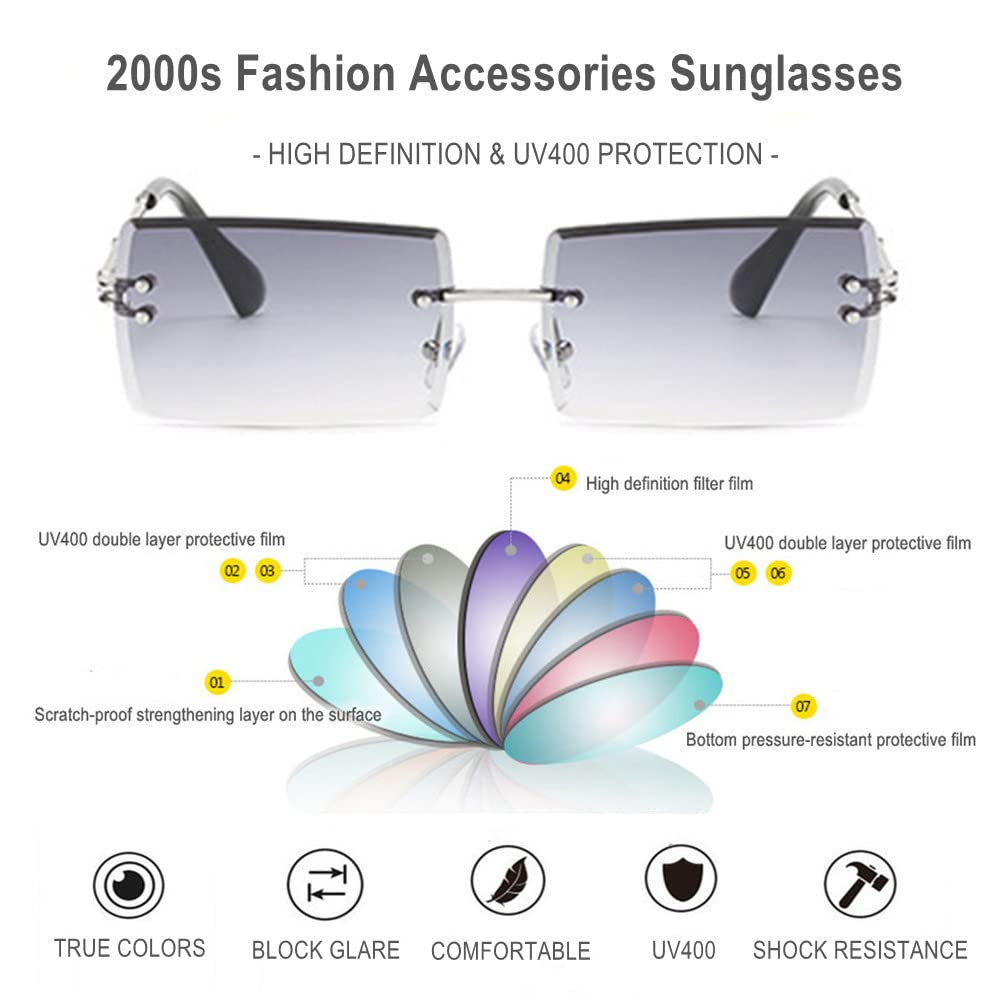 90s 2000s rectángulo sin montura gafas de sol mujeres hombres Y2K accesorios vintage retro sin marco cuadrado, Plateado/Gris, Medium